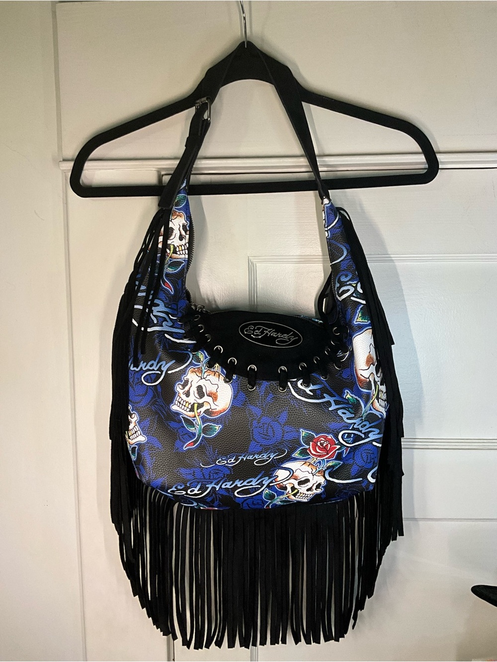 Ed Hardy Blue Skull & Rose Fringe Shoulder Bag NWT